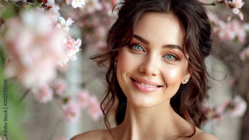 Smiling fair-skinned woman with bright blue eyes among blossoming cherry branches