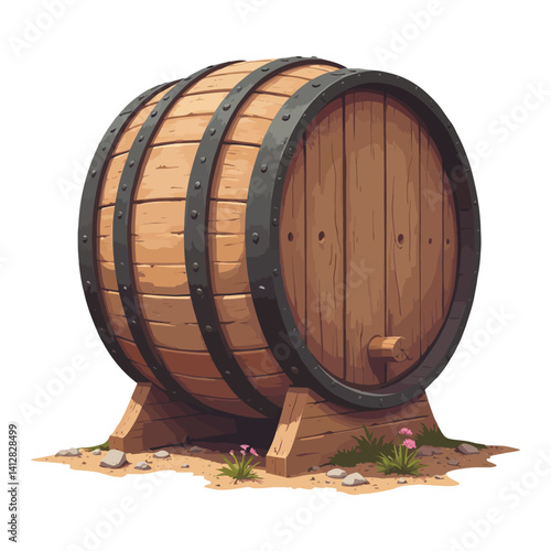 Vintage Style Wooden Barrel on Stand Isolated Hand Drawn Vector Illustration for Brewery