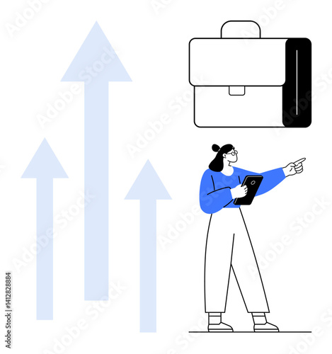 Businesswoman with tablet pointing at upward arrows representing growth and development next to briefcase icon. Ideal for business growth, goals, leadership, career development, personal success
