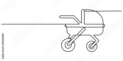 Modern baby stroller one line art. single line baby equipment . Continuous line drawing of childhood, safety,  transportation, personal, classic style, for winter. one line vector illustration.