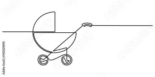 Modern baby stroller one line art. single line baby equipment . Continuous line drawing of childhood, safety,  transportation, personal, classic style, for winter. one line vector illustration.