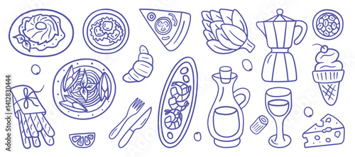 Hand-drawn icons of classic Italian cuisine including ravioli, pasta, pizza, wine, espresso, cheese, ice cream, breadsticks, artichoke, and more. Ink-imitating line drawing for culinary designs.