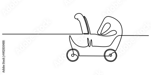 Modern baby stroller one line art. single line baby equipment . Continuous line drawing of childhood, safety,  transportation, personal, classic style, for winter. one line vector illustration.