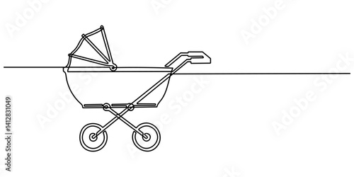 Modern baby stroller one line art. single line baby equipment . Continuous line drawing of childhood, safety,  transportation, personal, classic style, for winter. one line vector illustration.