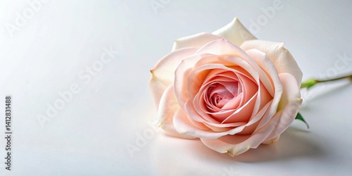 A single, delicate light pink rose rests gently on a pristine white surface