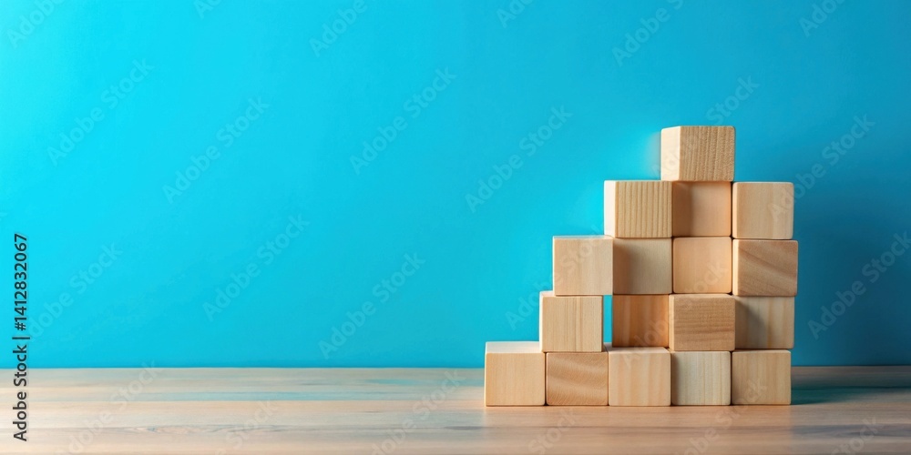 Wooden blocks arranged in an ascending pattern against a teal background Wooden blocks arranged in an ascending pattern against a teal background