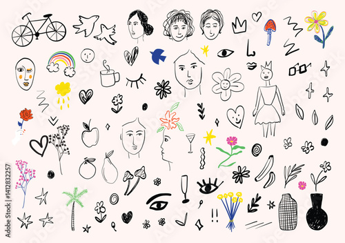 Hand-drawn doodle vector set featuring grunge-style graffiti elements like hearts, stars, flowers, coffee. Includes Line art sketchy icons, tattoo motifs, marker-style scribbles