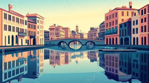 Panoramic Vector Illustration of a Canal in a City Setting