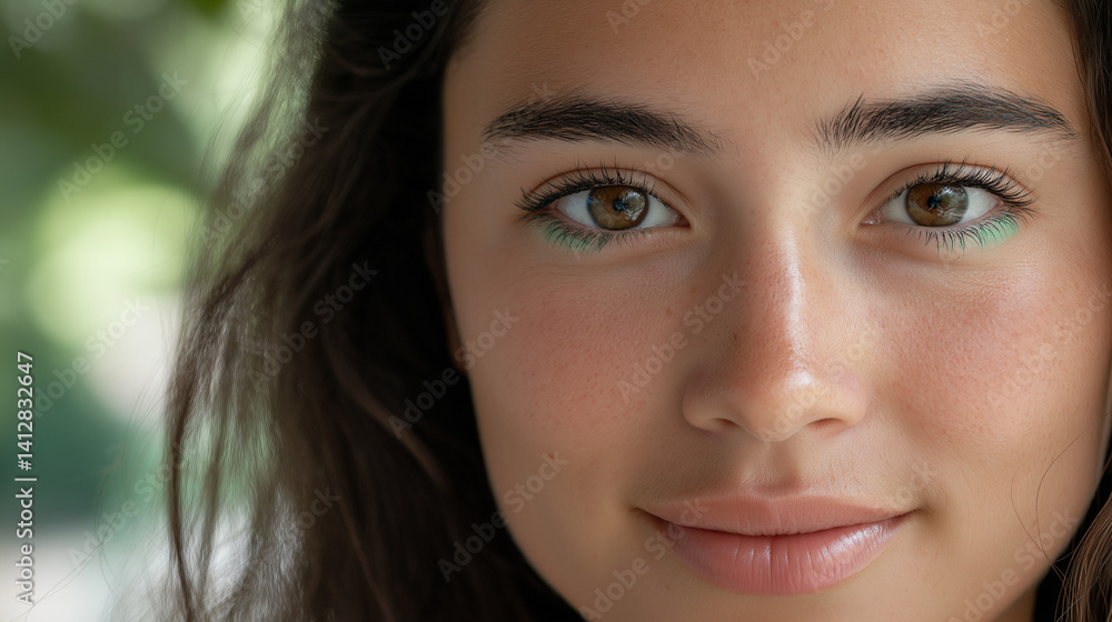 Fototapeta premium Young woman with vibrant eyeliner smiling outdoors 