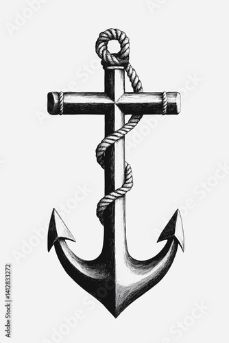 Black and white vector of anchor wrapped in rope and cross, symbol of faith and hope in Jesus, classic religious motif