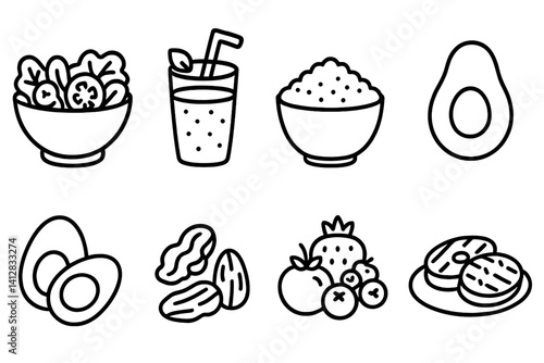 outline vector icons of healthy food: salad bowl, green smoothie, quinoa, avocado, boiled egg, nuts, berries, grilled veggies. set of line style icons in a modern, minimalist design.