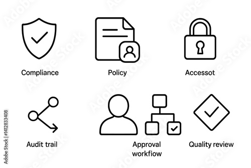 outline vector icons of data governance: compliance rule, policy doc, ownership tag, access control, audit trail, data steward, approval workflow, quality review. set of line style icons in a modern,