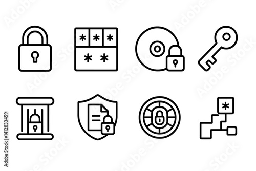outline vector icons of encrypted data: lock icon, cipher symbol, encrypted disk, key access, secure column, shield with file, data token, encryption method. ine style icons in a modern, minimalist