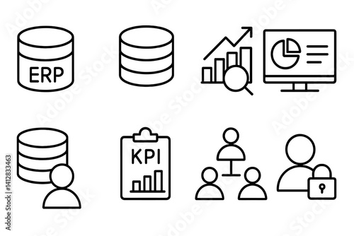 outline vector icons of enterprise data: ERP database, master data, business intelligence, internal dashboard, CRM data, KPI icons, department data, team access. set of line style icons in a modern,