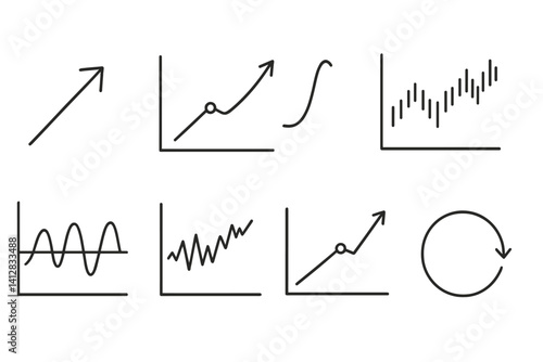 outline vector icons of data trends: upward arrow, trend, momentum curve, time series chart, seasonal data, volatility wave, trend graph, cycle icon. ine style icons in a modern, minimalist design.