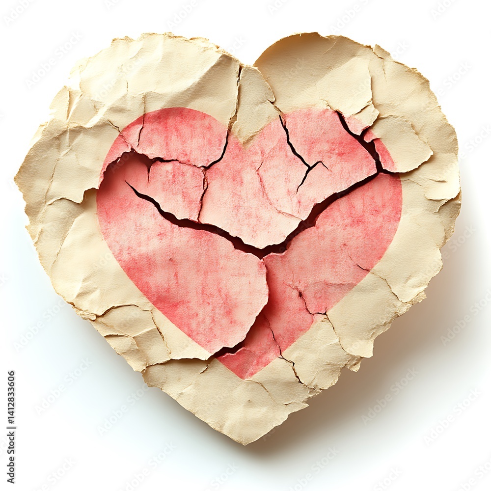 A broken heart illustrated by torn paper and a pink heart A broken heart illustrated by torn paper and a pink heart