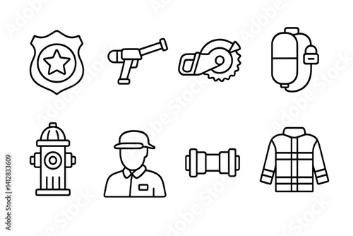 outline vector icons of fire department tools: fire badge, water cannon, rescue saw, breathing apparatus, hydrant, command icon, hose connector, turnout gear. set of line style icons in a modern,