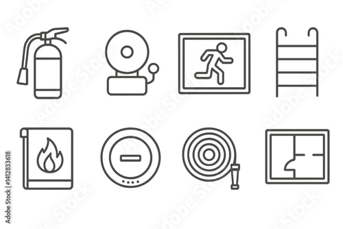 outline vector icons of fire safety: fire extinguisher, fire alarm, fire exit sign, emergency ladder, safety blanket, smoke detector, fire hose, escape plan. set of line style icons in a modern,
