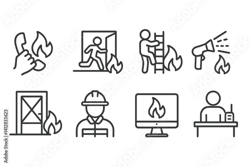 outline vector icons of emergency fire response: fire call, quick exit, ladder rescue, water spray, fire suppression icon, blocked exit, responder icon, command center. set of line style icons in a