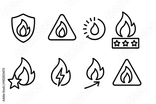 outline vector icons of fire basics: flame icon, small fire, large fire, burning match, spark, ember, smoke curl, fire burst. set of line style icons in a modern, minimalist design.