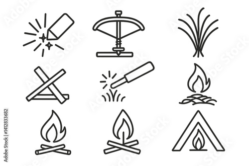 outline vector icons of survival fire making: flint spark, bow drill, dry grass, kindling icon, fire starter, tinder pile, flame building, emergency fire. set of line style icons in a modern,