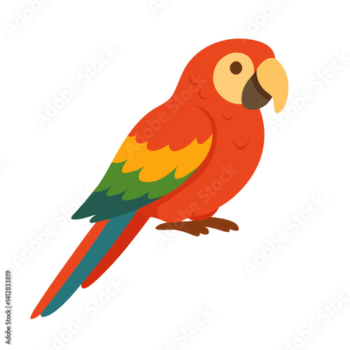 Bright cartoon macaw parrot with rainbow feathers. Flat vector illustration of exotic pet bird.