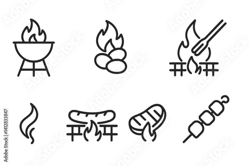 outline vector icons of barbecue fire: grill icon, charcoal icon, flame under grate, tongs over fire, smoke curl, hotdog grill, meat cooking, skewer icon. set of line style icons in a modern,