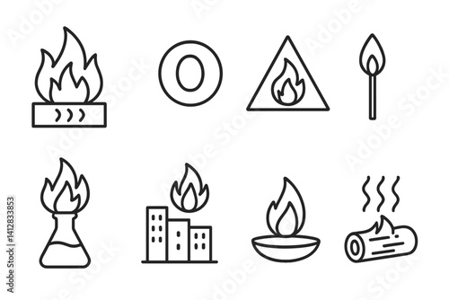 outline vector icons of fire science: combustion process, oxygen icon, heat triangle, ignition point, chemical fire icon, fire growth stages, flashpoint, smoldering icon. set of line style icons in a