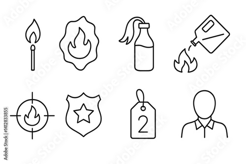 Fire and emergency line icons set - match, flame, molotov cocktail, fuel, target, badge, tag, figure