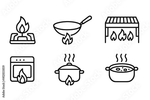 outline vector icons of cooking with fire: stovetop flame, wok over fire, oven heat, gas burner, kitchen flame, grilling icon, hot pot, soup simmer. ine style icons in a modern, minimalist design.
