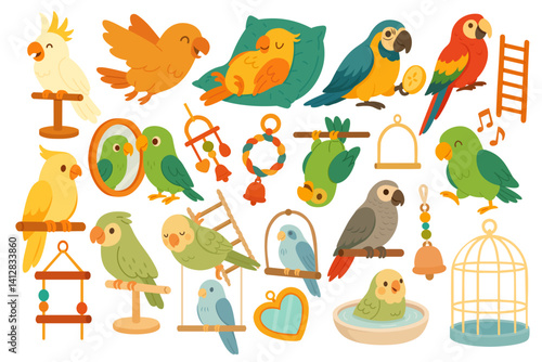 Cute vector set of cartoon parrots and cage accessories. Colorful exotic pet bird illustrations.