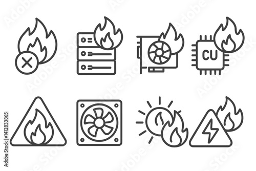 outline vector icons of fire in technology: error flame, server overheating, GPU burn, CPU hot icon, thermal warning, fan failure, system heat, warning spark. set of line style icons in a modern,