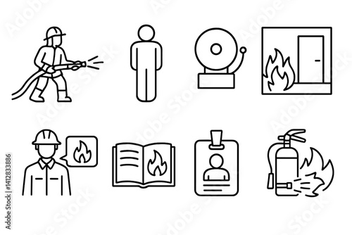 outline vector icons of fire training: hose practice, fireman dummy, drill bell, simulation room, safety instructor, fire theory icon, trainee badge, extinguisher test. set of line style icons in a