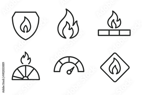 outline vector icons of seasonal fire danger: summer heat, dry leaves icon, wind with flame, temperature alert, dry zone, fire risk sign, fire watch, high risk bar. ine style icons in a modern,
