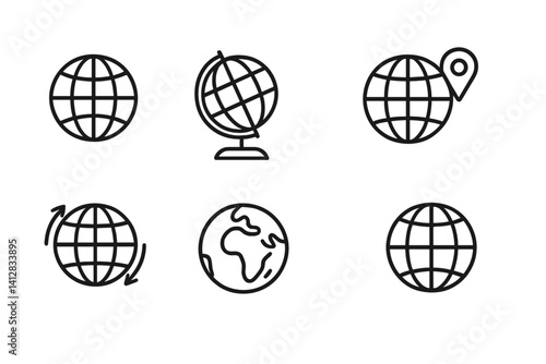 outline vector icons of globe symbols: classic globe, globe with stand, globe grid, globe with pin, spinning globe, Earth icon, hemisphere lines, 3D globe. set of line style icons in a modern,
