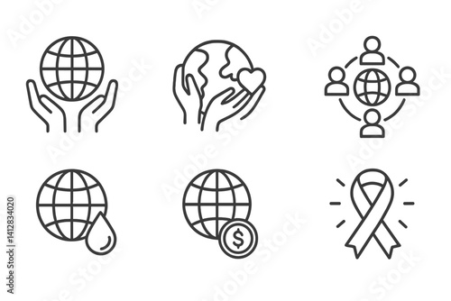 outline vector icons of global charity: donation globe, helping hands Earth, heart over globe, support network, aid globe, fundraiser world, global impact, charity ribbon. set of line style icons in