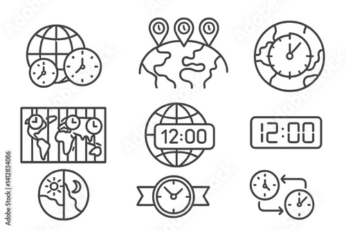 outline vector icons of time zones: globe with clocks, city time pins, world timer, time zones lines, digital clock globe, daylight map, GMT icon, timezone switch. set of line style icons in a modern