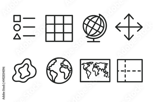 outline vector icons of global symbols for maps: legend icon, map grid, scale globe, directional arrows, terrain outline, shaded globe, labeled world, boundary lines.