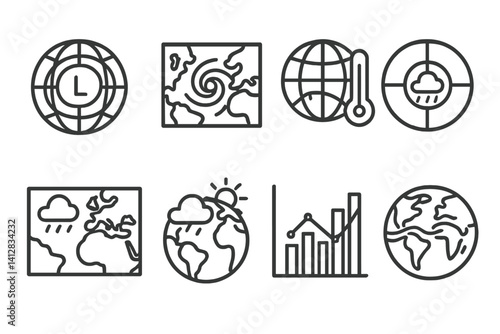outline vector icons of heart weather symbols: sunny heart, cloudy heart, raining hearts, thunder with heart, snowy heart, foggy heart, windy heart, rainbow and heart. set of line style icons in a