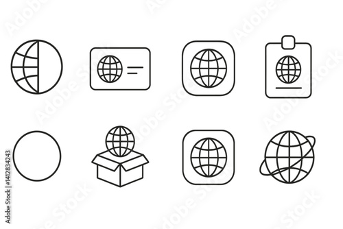 outline vector icons of globe symbols: classic globe, globe with stand, globe grid, globe with pin, spinning globe, Earth icon, hemisphere lines, 3D globe. set of line style icons in a modern,
