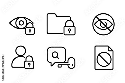 outline vector icons of privacy settings: incognito, data control, block user, cookie settings, app permissions, private browsing, activity log, ad settings.No labels, set of line style icons in a