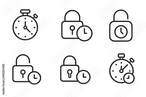 Time and security icon set: dark linear design with clocks and locks