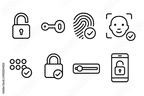 outline vector icons of unlock actions: open padlock, turning key, fingerprint accepted, face unlock, pin entry complete, lock with check, sliding bolt, mobile unlock. set of line style icons in a