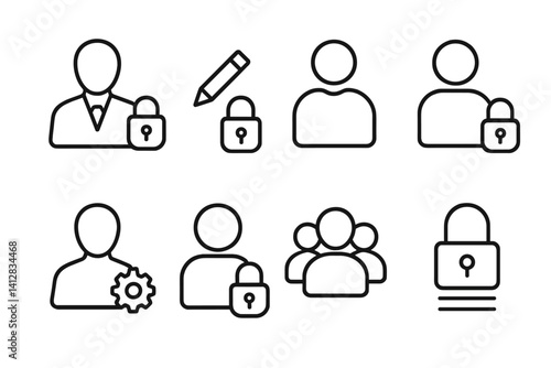 outline vector icons of user roles and permissions: admin, moderator, guest, member, blocked, verified, premium, anonymous.No labels, set of line style icons in a modern, minimalist design.