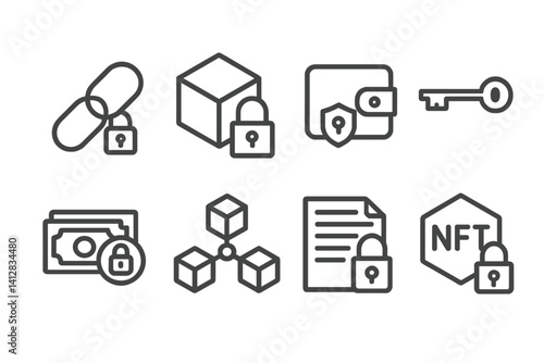 outline vector icons of blockchain and locks: blockchain link with lock, block padlock, wallet with secure icon, crypto key, secure transaction icon, ledger lock, smart contract padlock, NFT lock.