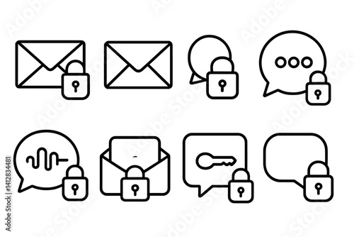 Secure communication icons set: email, messaging, lock symbols in linear design