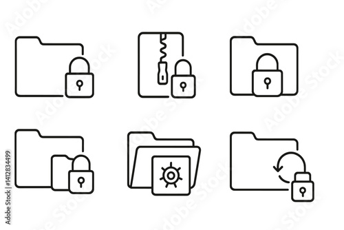 outline vector icons of lock icons for folders: folder with lock, locked archive, compressed file lock, project folder padlock, private directory, shared folder with lock, backup vault, sync folder
