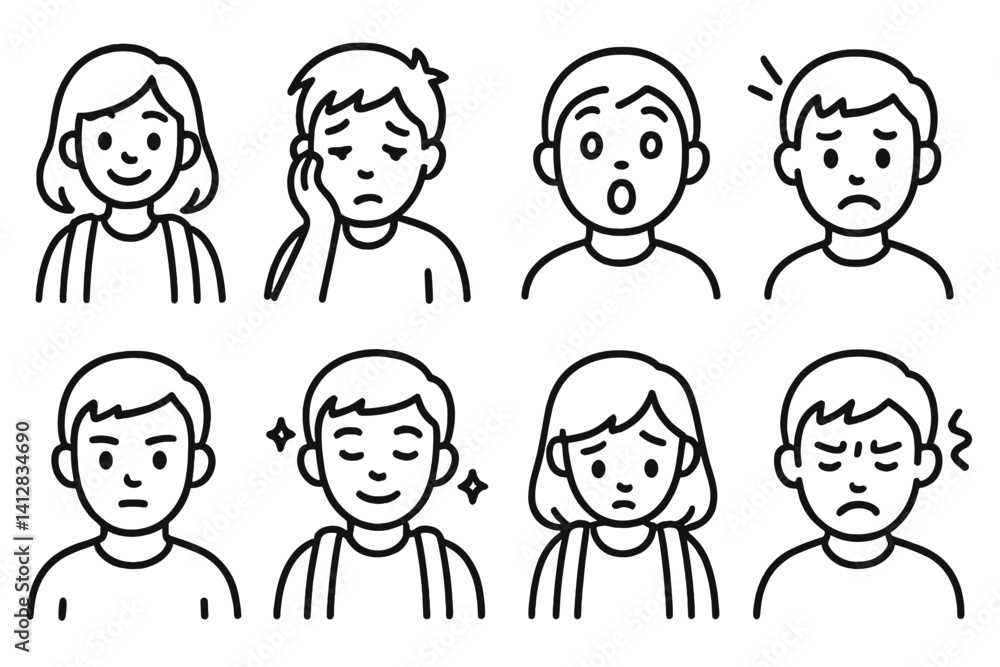 outline vector icons of student emotions: happy face, tired student, surprised icon, stressed emoji, focused face, proud icon, shy student, frustrated head. set of line style icons in a modern, outline vector icons of student emotions: happy face, tired student, surprised icon, stressed emoji, focused face, proud icon, shy student, frustrated head. set of line style icons in a modern,