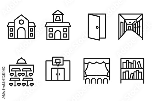 School building icons set: 3d linear design of campus and classroom elements