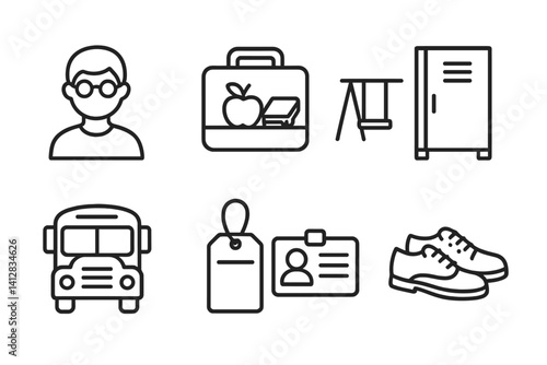 outline vector icons of student life: student avatar, lunchbox, recess icon, locker, bus ride, hall pass, ID card, school shoes. set of line style icons in a modern, minimalist design.